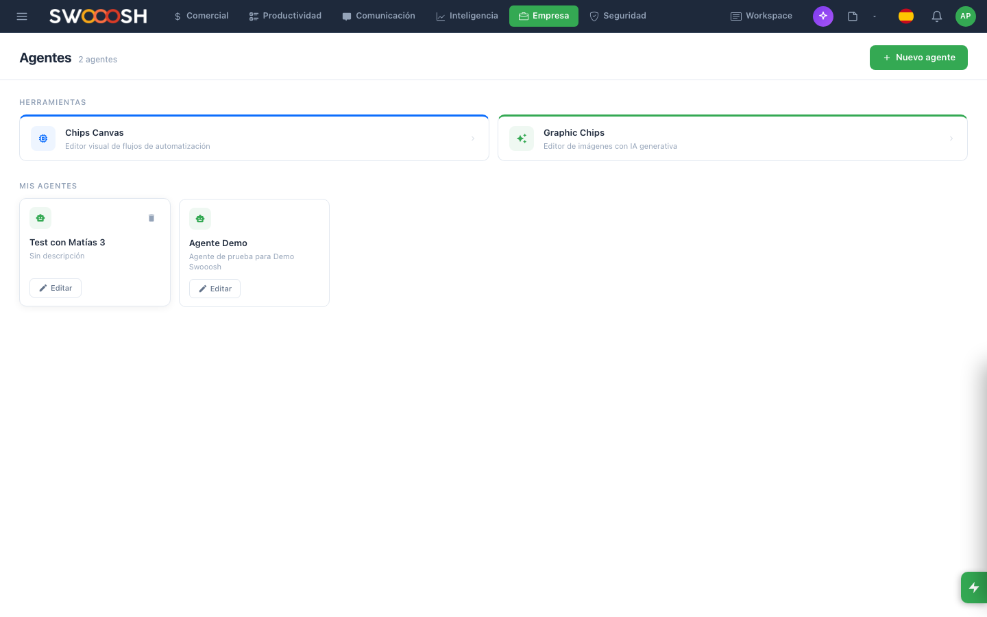 Captura del módulo Asistentes IA en Pilot Desk