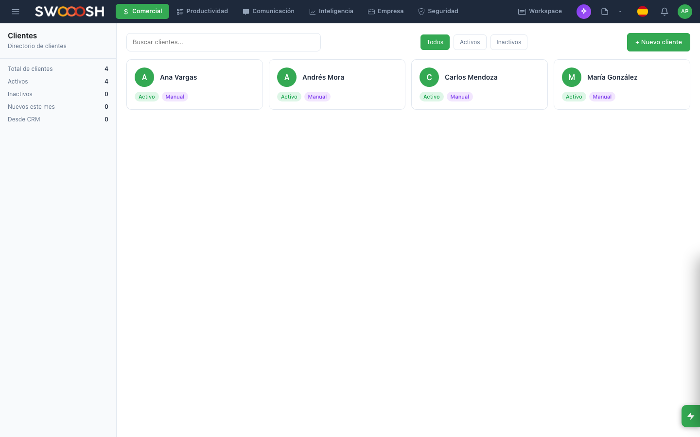 Capture du module Clientes dans Pilot Desk